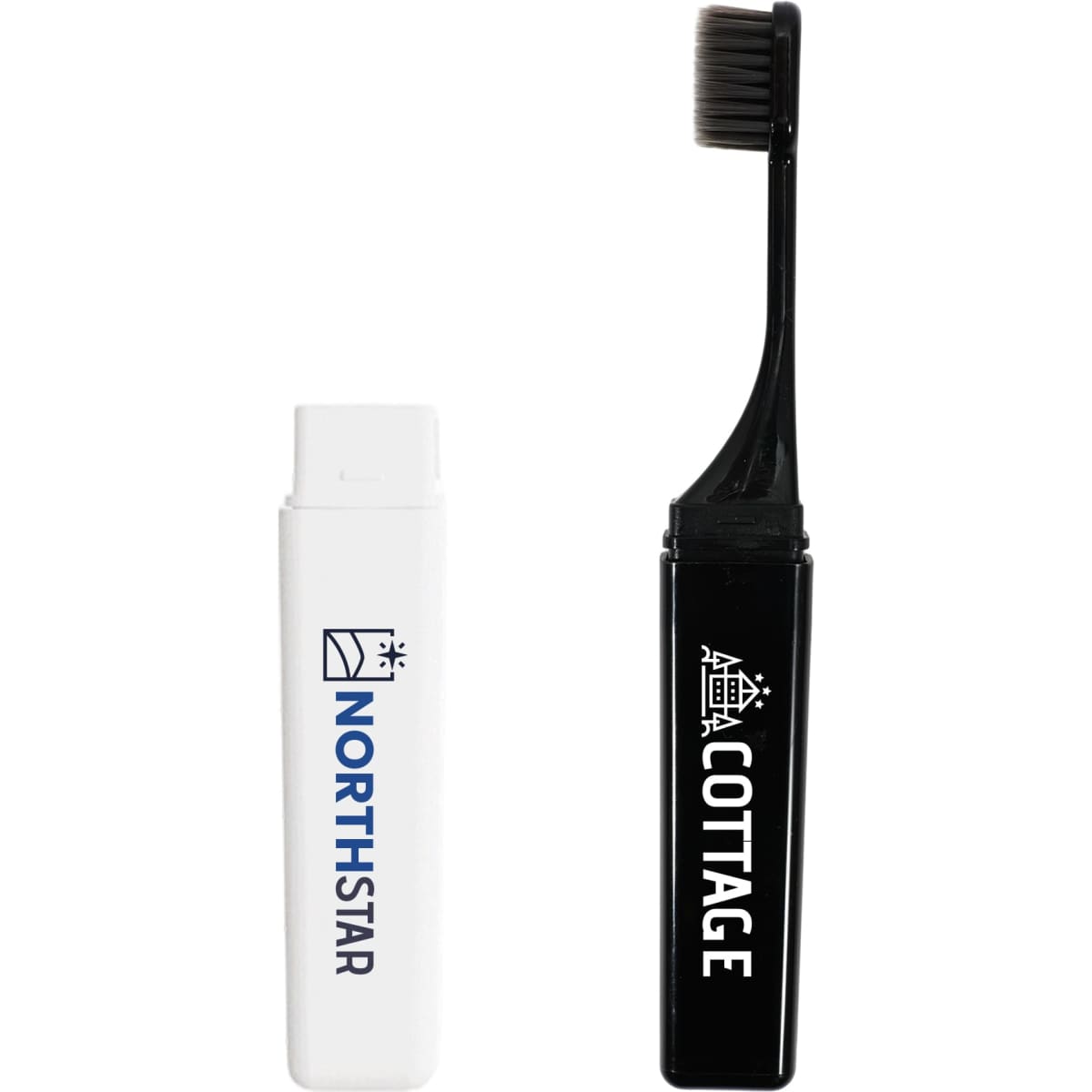 A foldable travel toothbrush in black, stored in a compact white case with a logo.