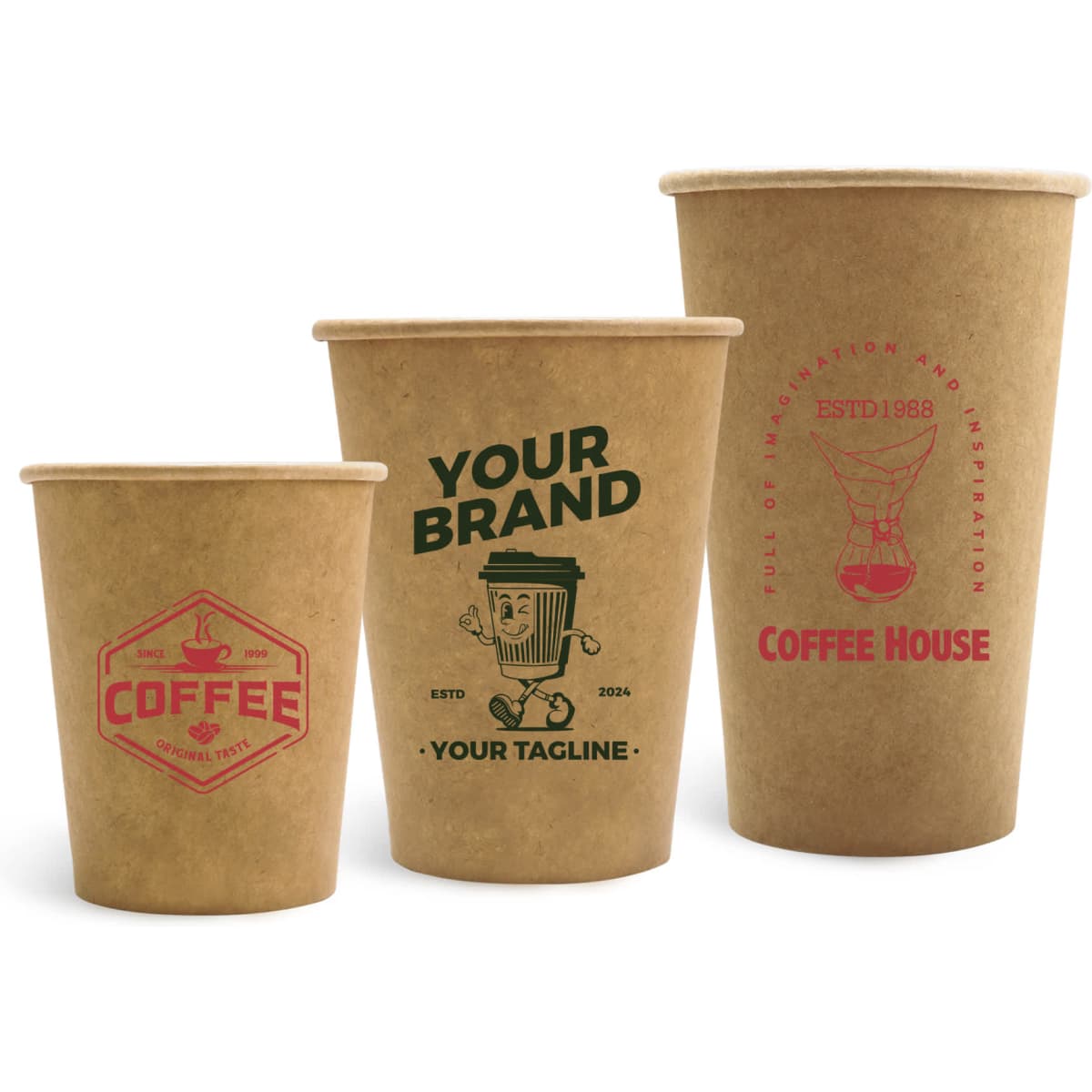 Three brown kraft paper cups in various sizes, featuring logos and designs in red and green.
