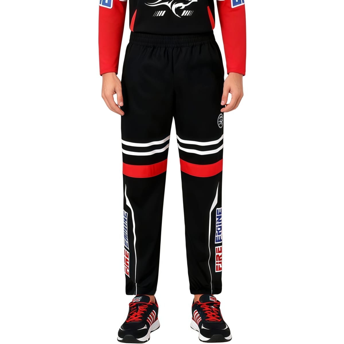 Black work pants featuring red accents and stripes, with logos displayed on the sides. Suitable for workwear applications.
