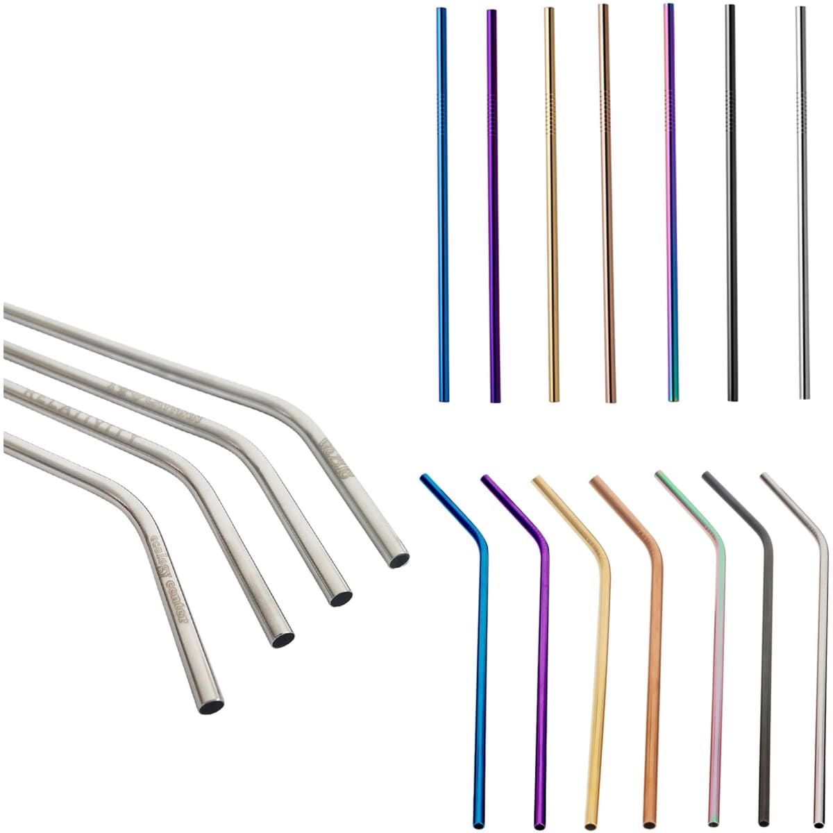 A collection of stainless steel drinking straws in various colours, some with a slight bend, displayed together.