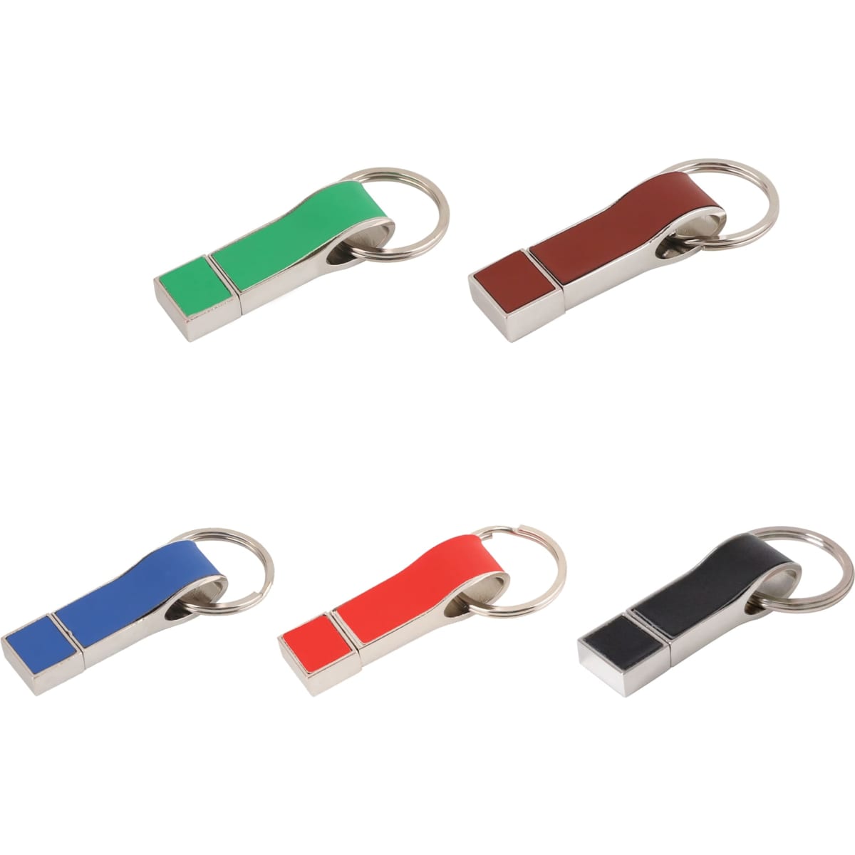 A set of five Draco Flash Drives in green, brown, blue, red, and black, featuring a keyring attachment.