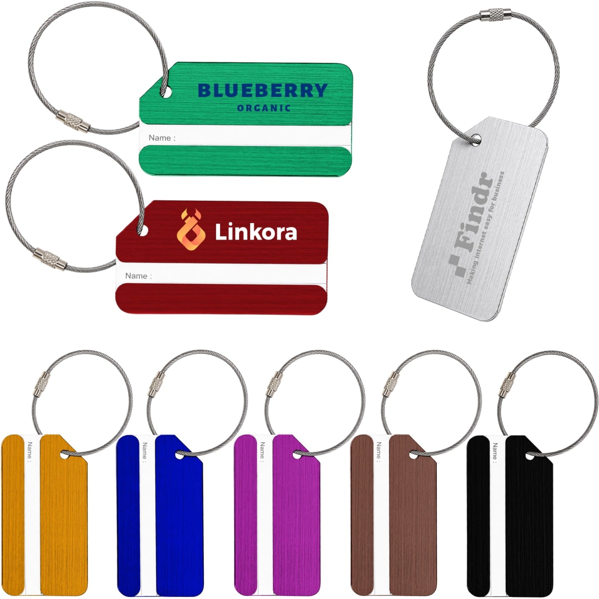 A square brushed aluminium luggage tag in silver alongside various coloured tags, including green, red, yellow, and blue.