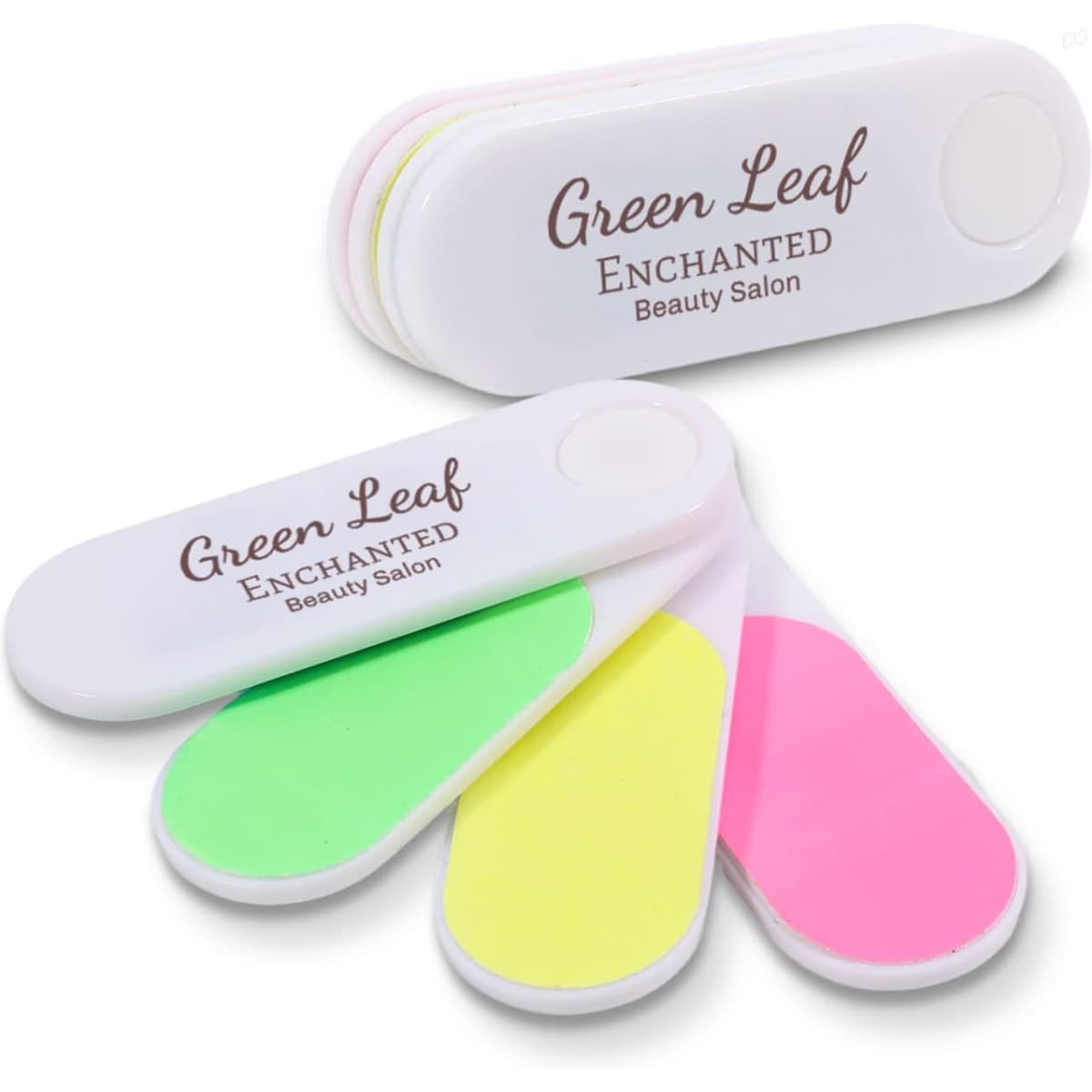 A foldable nail file block in white, featuring pink, yellow, and green filing surfaces, with a branding logo.
