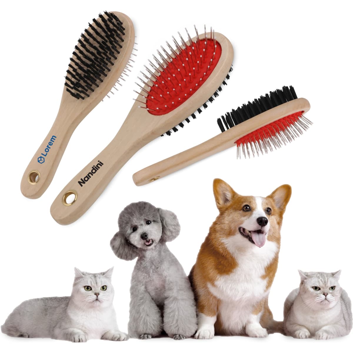 A set of three pet brushes in wooden handles, featuring black and red bristles, with two cats and a dog in the background.