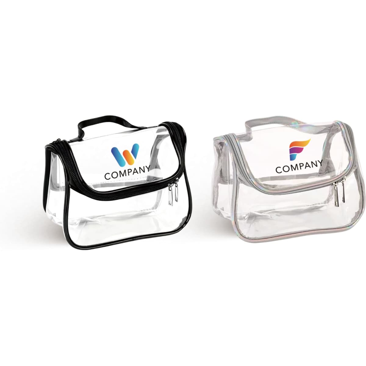 Two transparent cosmetic bags displayed in black and clear, featuring different logos on the front.