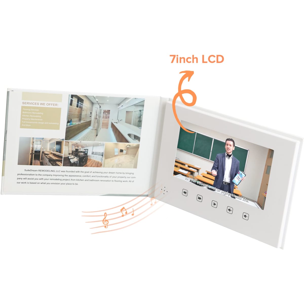 A 7-inch LCD video brochure with a white cover, featuring an interactive screen and various buttons underneath.