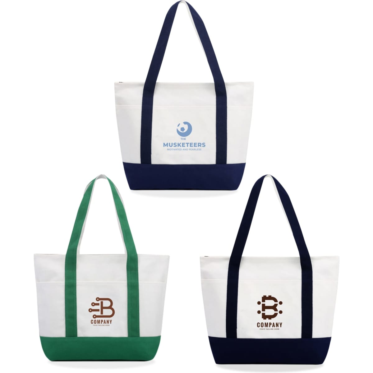 A small canvas tote bag in white with green and navy blue accents, featuring various logos.