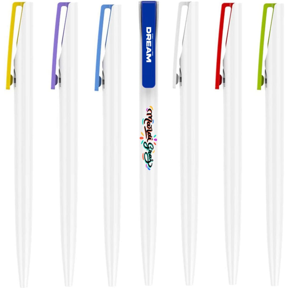 A set of plastic pens with creamy white barrels and colourful clips in yellow, purple, blue, and green, featuring a logo.