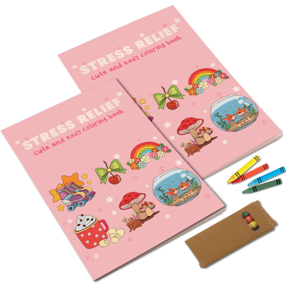 A5 custom colouring books in pink with colourful illustrations, accompanied by crayons and a small case.