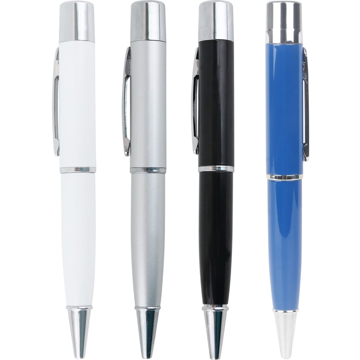 A collection of four metal pen flash drives in white, silver, black, and blue, featuring chrome accents.