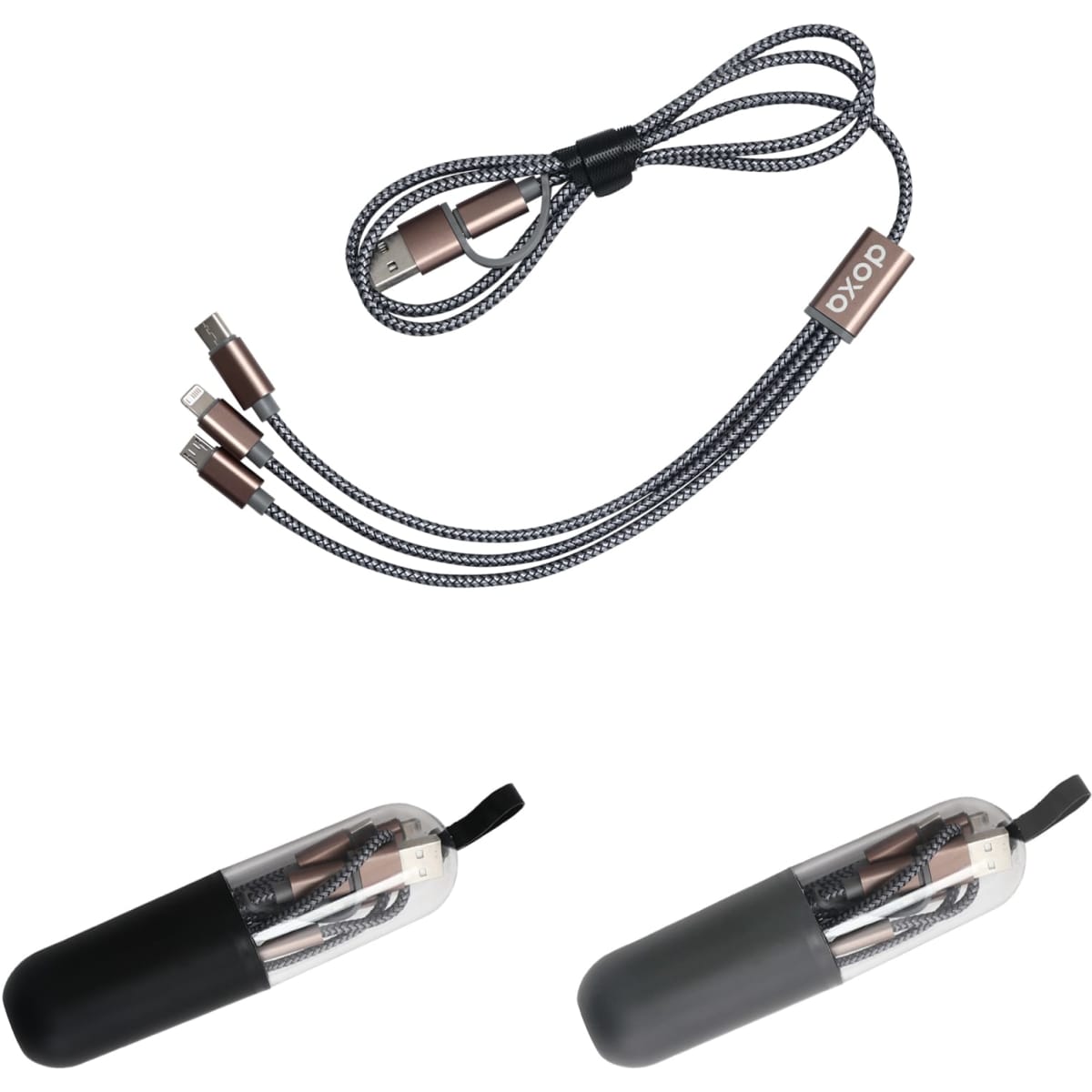 A capsule-shaped storage case containing a multi-cable charging cord in grey and black with a logo.