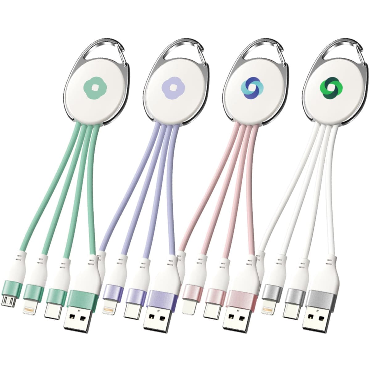 A 3-in-1 charging cable with a keyring, featuring green, purple, pink, and silver cables. Includes a logo on the keyring.