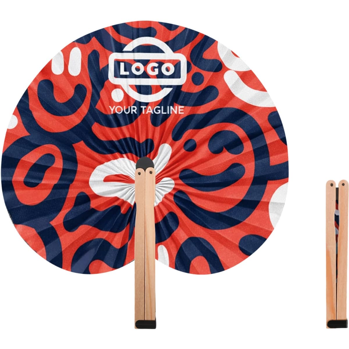 A peach-shaped wooden paper fan with a vibrant red, blue, and white pattern, featuring a logo.