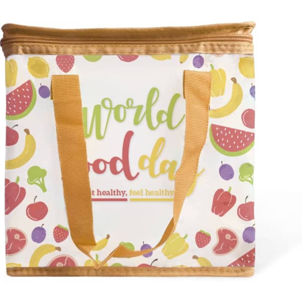 A colourful polyester cooler bag featuring fruit illustrations and gold handles, with a logo on the front.