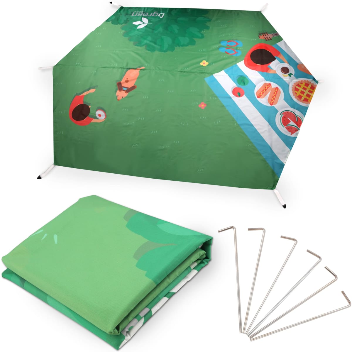 An outdoor hexagon blanket, 280x210cm, featuring a vibrant green design with picnic elements and a logo. Includes pegs.
