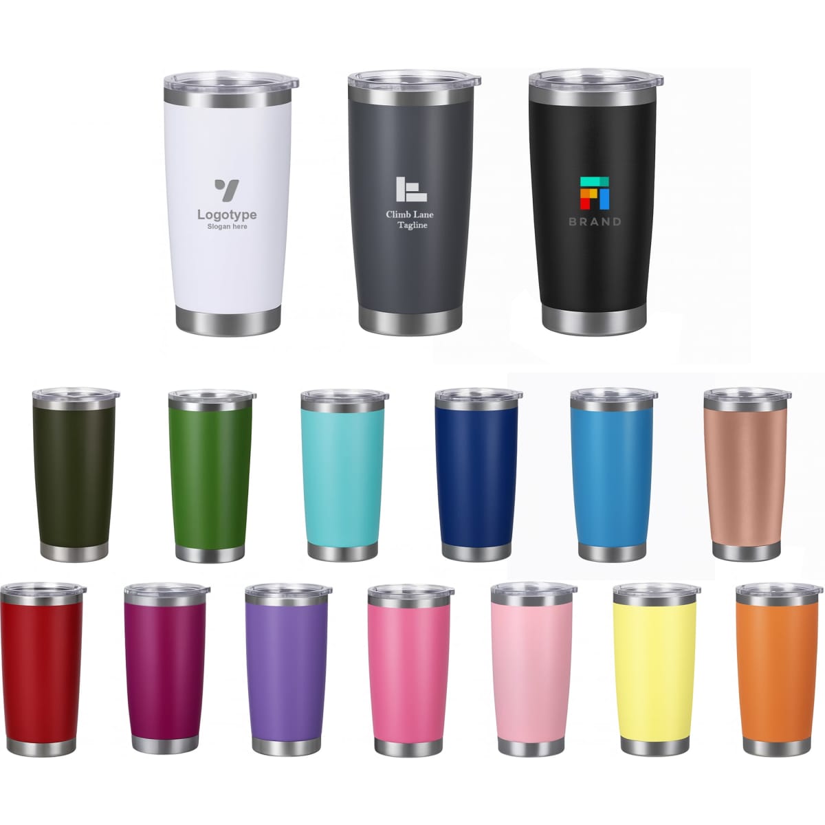 A collection of 600ML stainless steel double wall cups in various colours, featuring distinct logos on some.