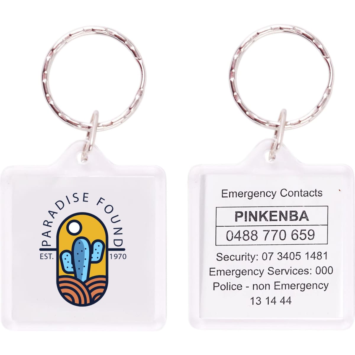 A square acrylic keyring featuring a colourful logo and emergency contact details on one side.
