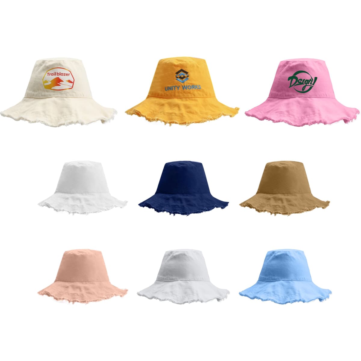 A collection of Raw Edge Bucket Hats in various colours, including pink, yellow, white, navy, and brown, featuring some logos.