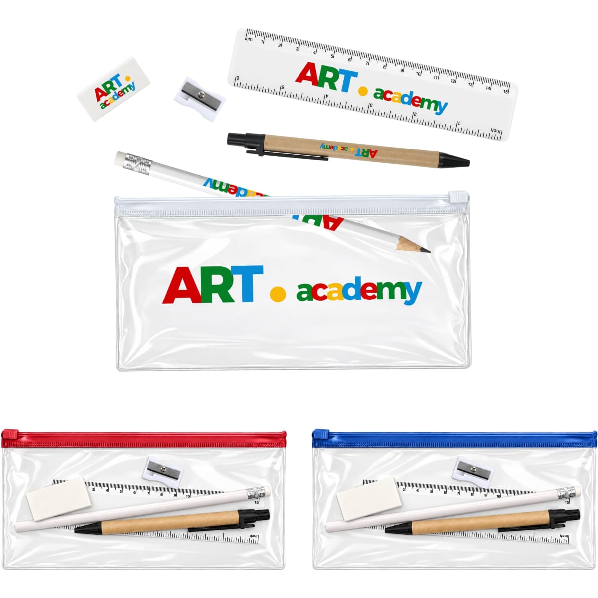 A clear pencil case containing black and wooden pens, a ruler, an eraser, a sharpener, and colour-coded cases in red and blue.