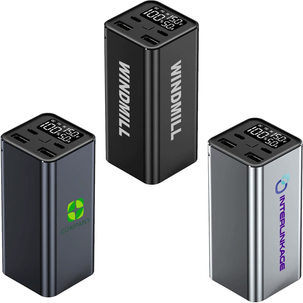 A collection of three power banks in black, silver, and dark grey, featuring digital displays and various logos.