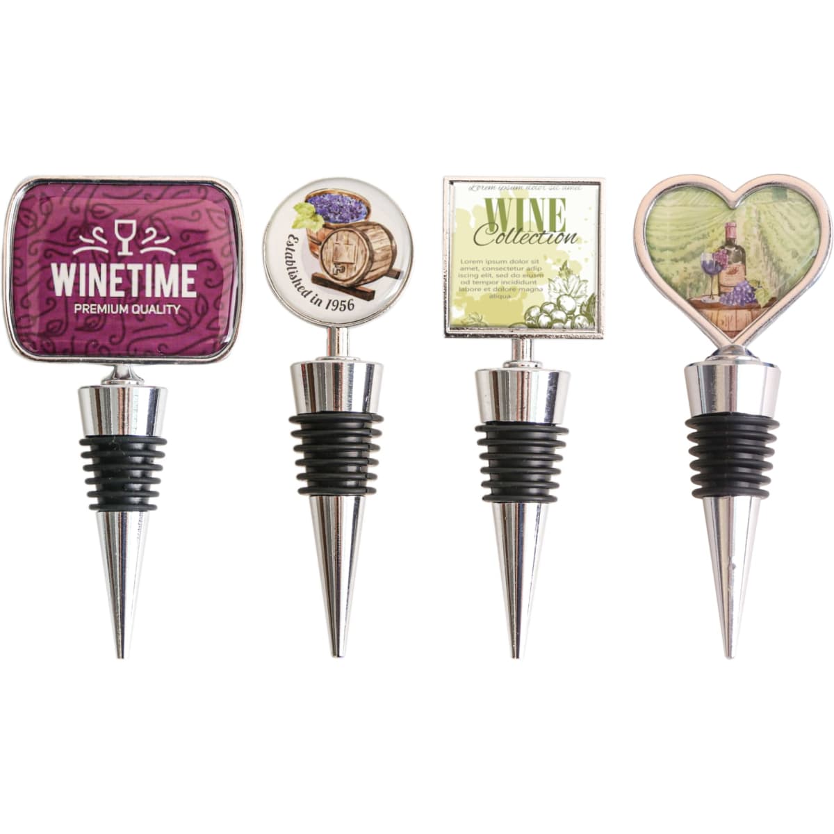 A set of four wine stoppers featuring various designs and colours, with metallic and rubber elements.