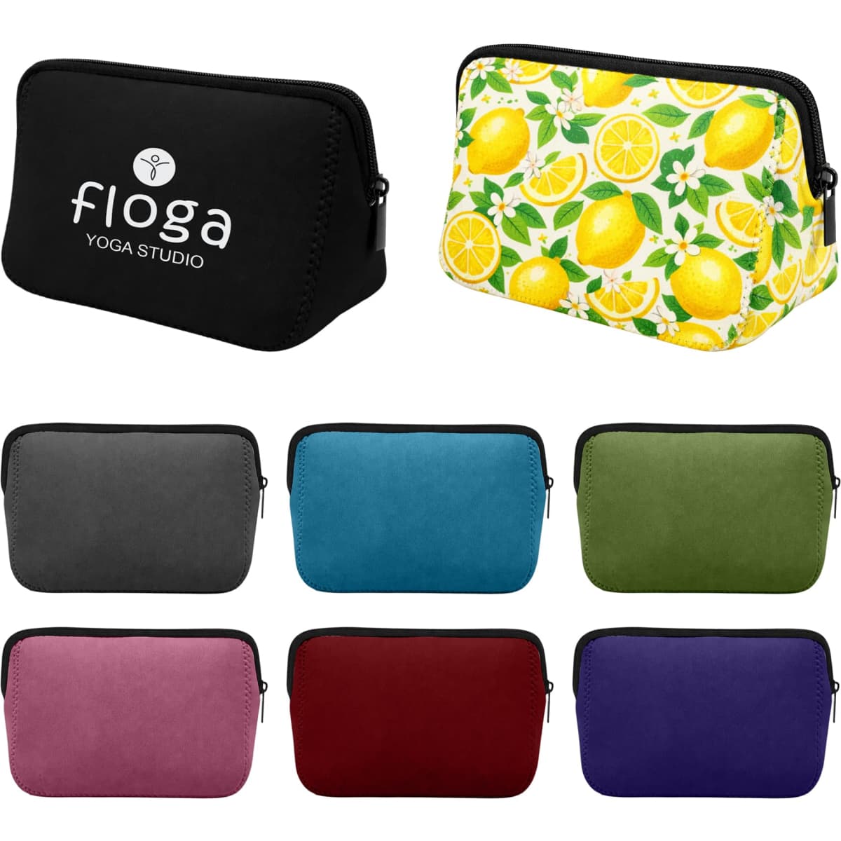 A neoprene cosmetic bag in various colours, including black, grey, teal, green, pink, red, and purple, featuring a lemon-patterned design.
