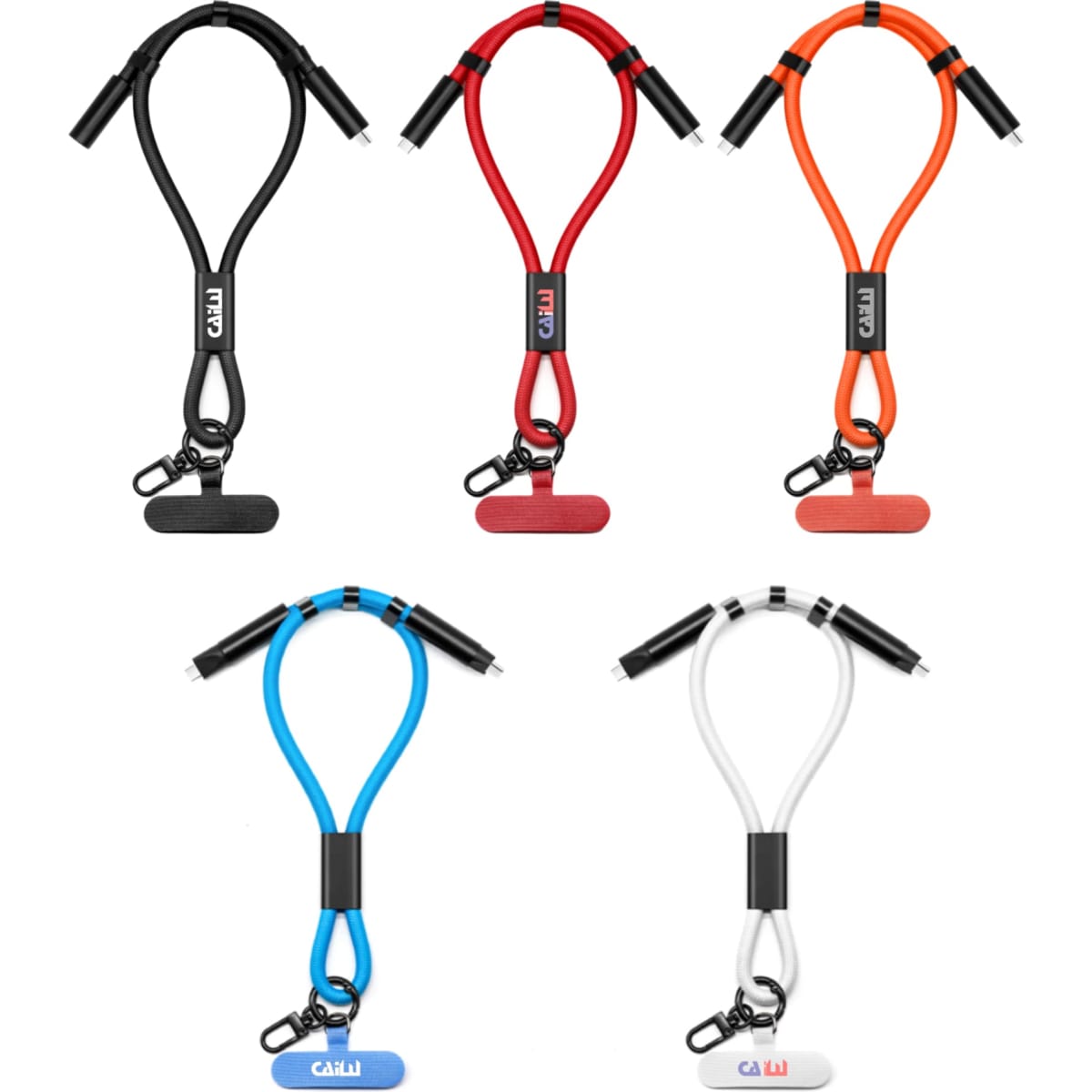 A collection of five phone charging straps in black, red, orange, blue, and white, each with a logo.