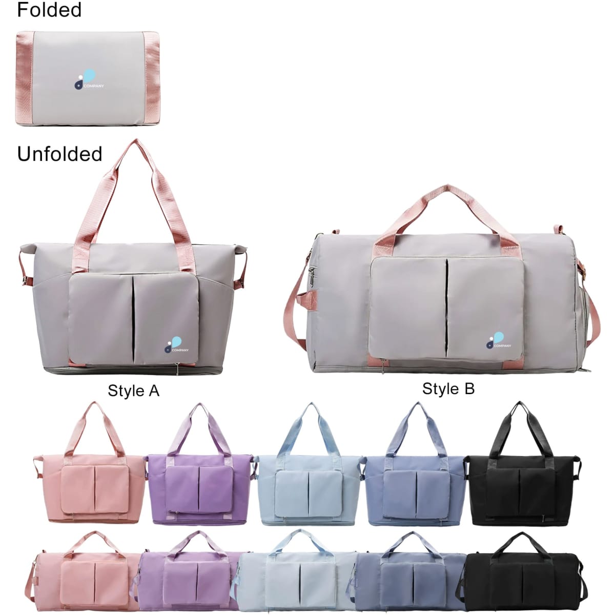A foldable sports duffle bag in various colours, featuring handles and a logo, displayed in both folded and unfolded states.