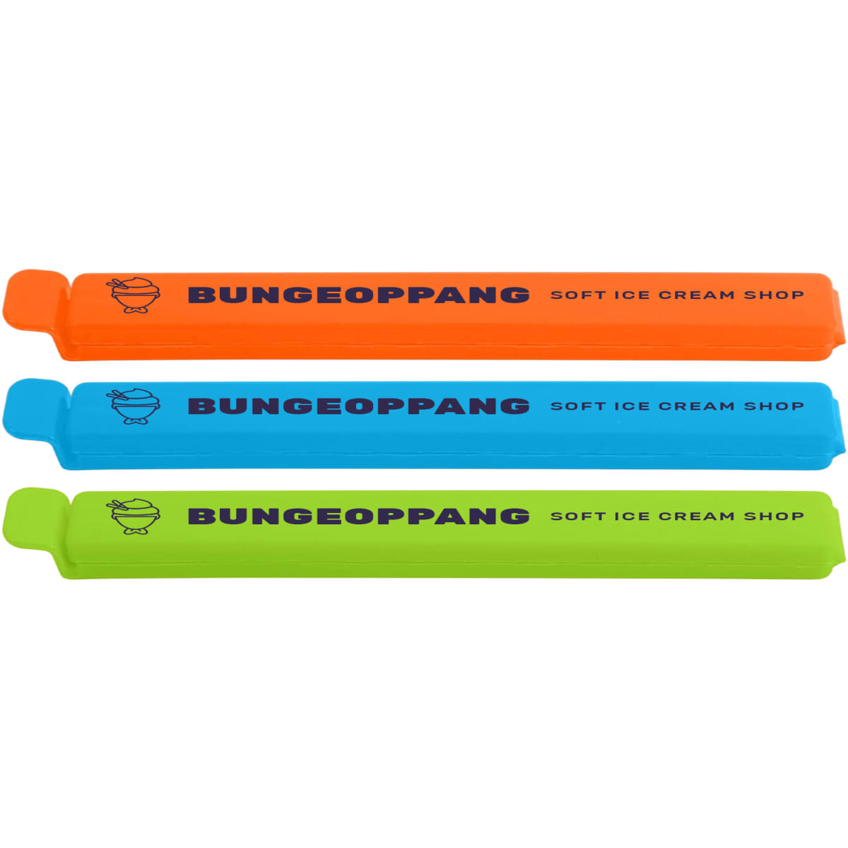 Three food bag seal clips in orange, blue, and green, featuring a logo and text.