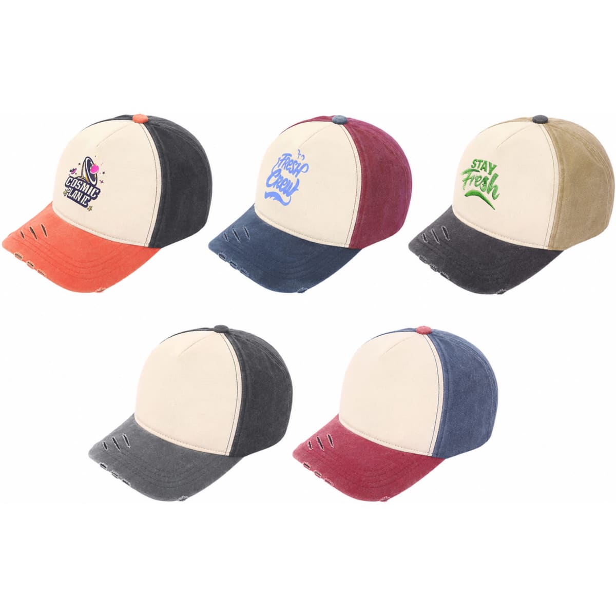 Five-panel distressed cotton baseball caps in various colours with logos on the front panels.