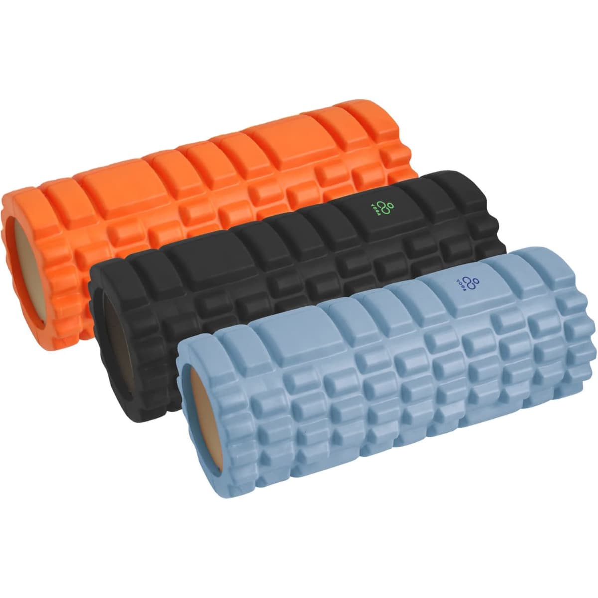 Three foam yoga rollers in orange, black, and blue, featuring textured surfaces and a logo.