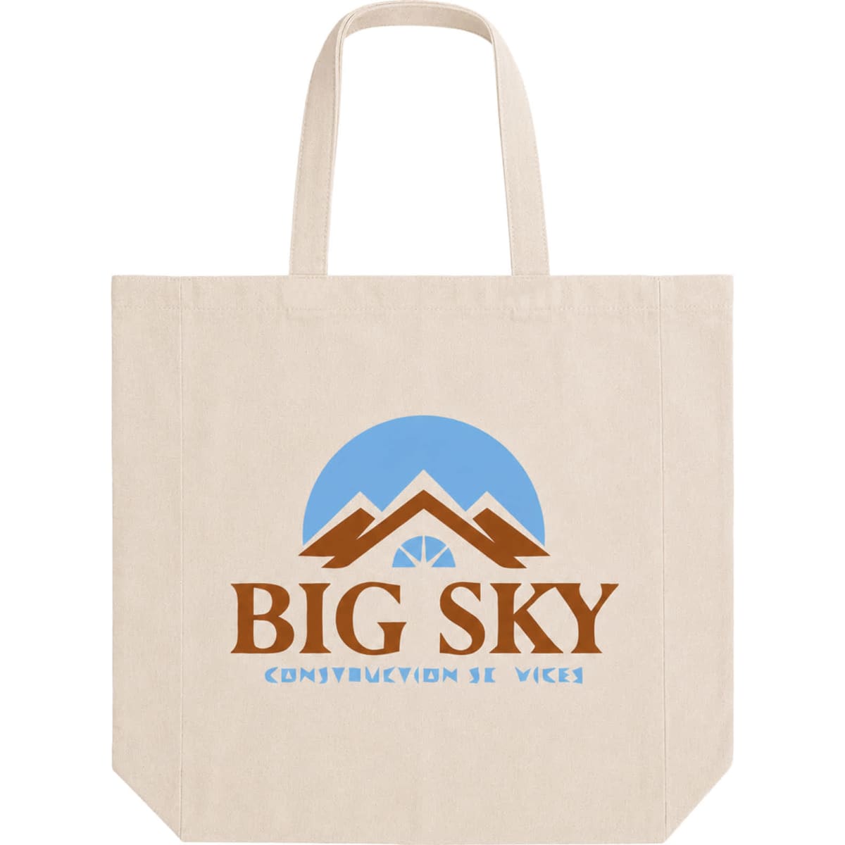 A beige calico tote bag with a short handle and a gusset, featuring a logo design.