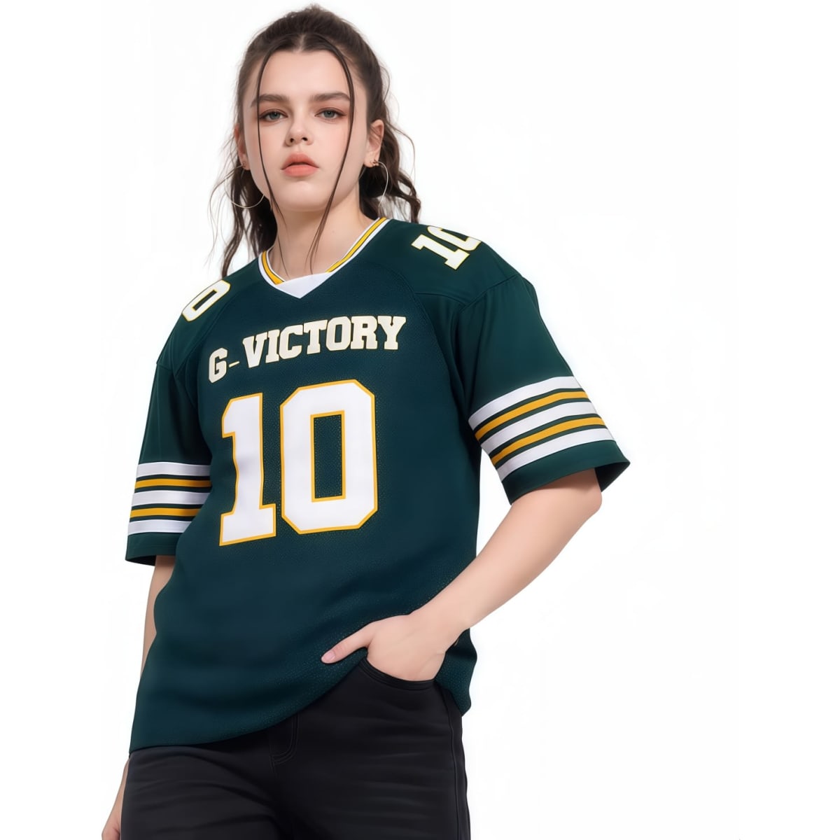 A green unisex hockey jersey with a loose fit, featuring yellow stripes and a logo with the number 10.