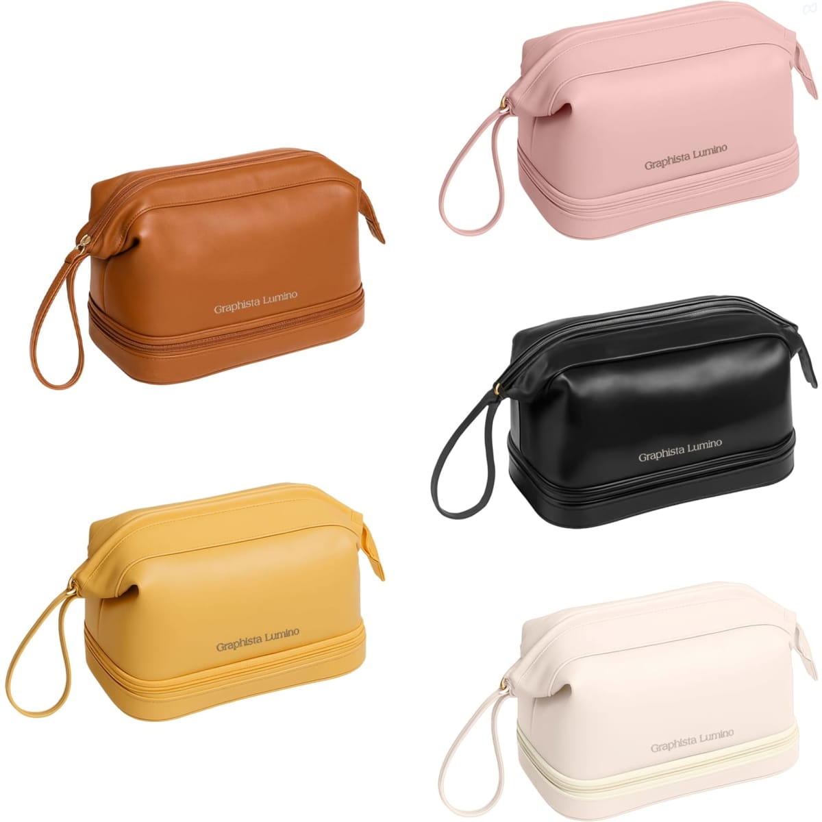 A collection of large capacity PU toiletry bags in brown, pink, black, yellow, and cream, each with a handle.