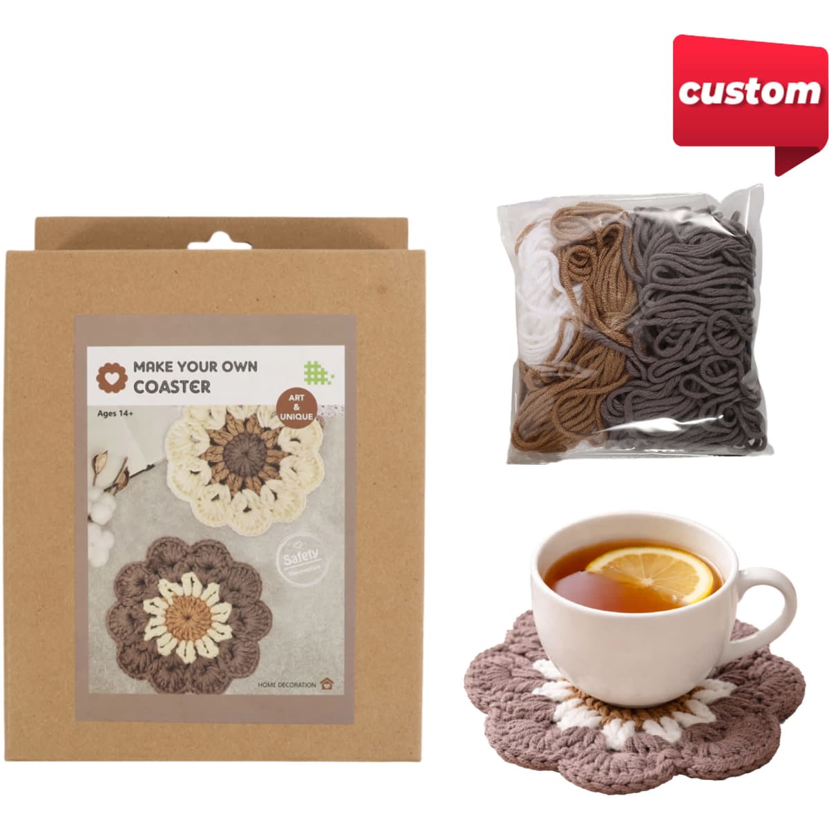 A crochet kit featuring yarn in brown, white, and grey, with a finished floral coaster design and a cup of tea.