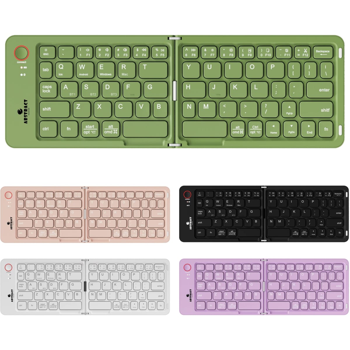 A wireless foldable keyboard in green, pink, black, and white, featuring a logo and an ergonomic design.