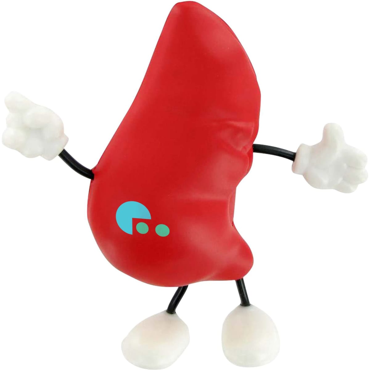 A red liver-shaped stress reliever with white hands and feet, featuring a small logo on its side.