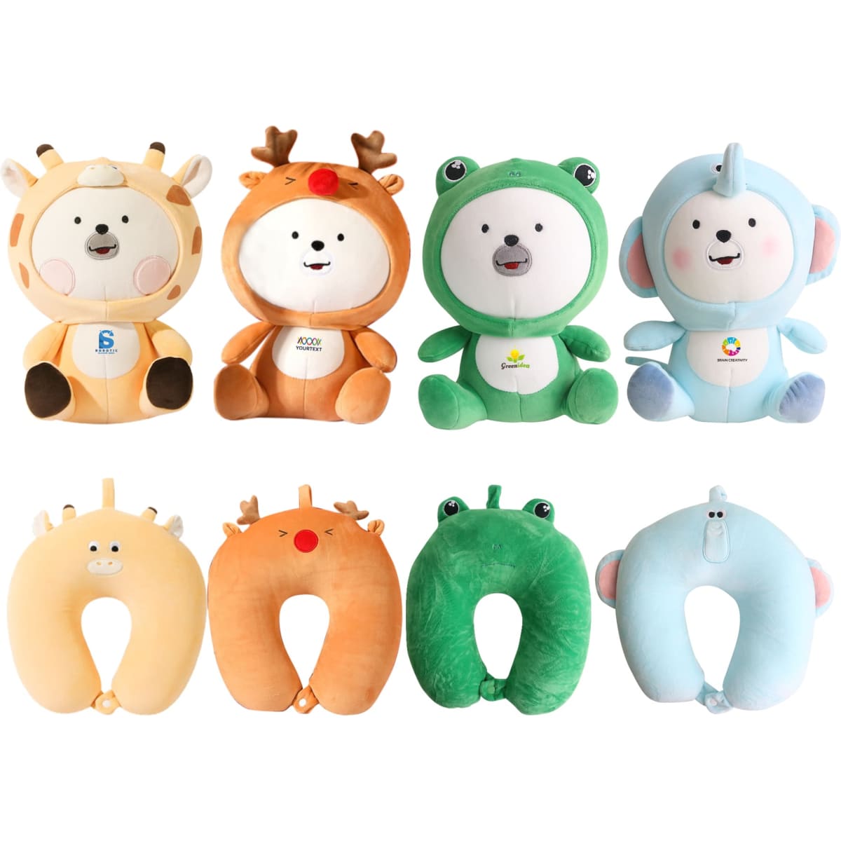 A collection of sitting animal-shaped plush travel pillows in various colours, including orange, green, blue, and beige.