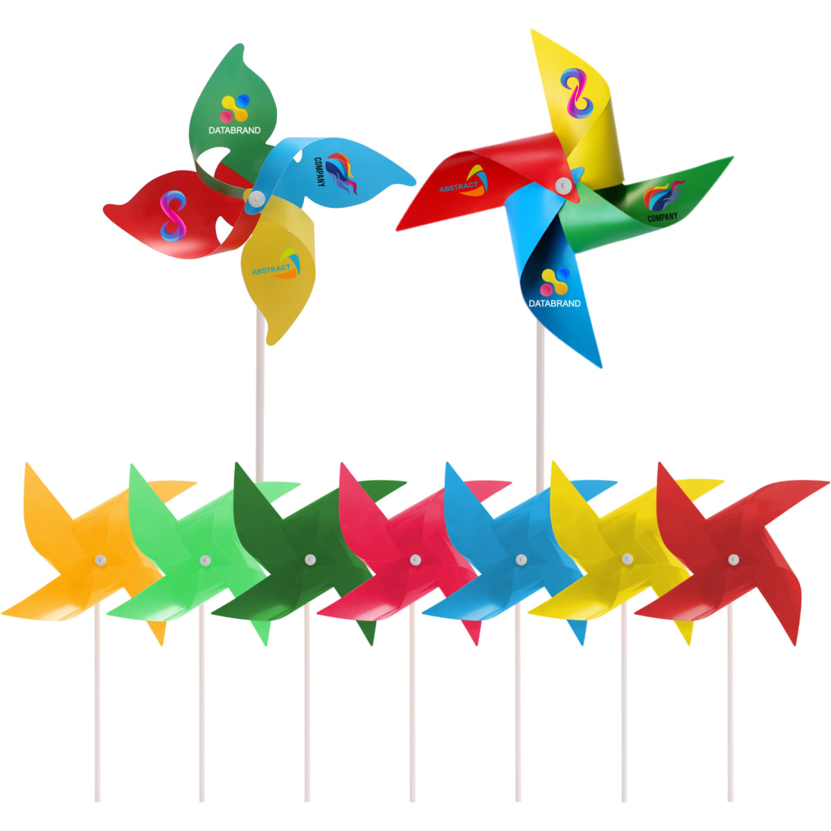 A colourful four-leaf pinwheel set featuring red, yellow, green, and blue designs, with a logo on each.