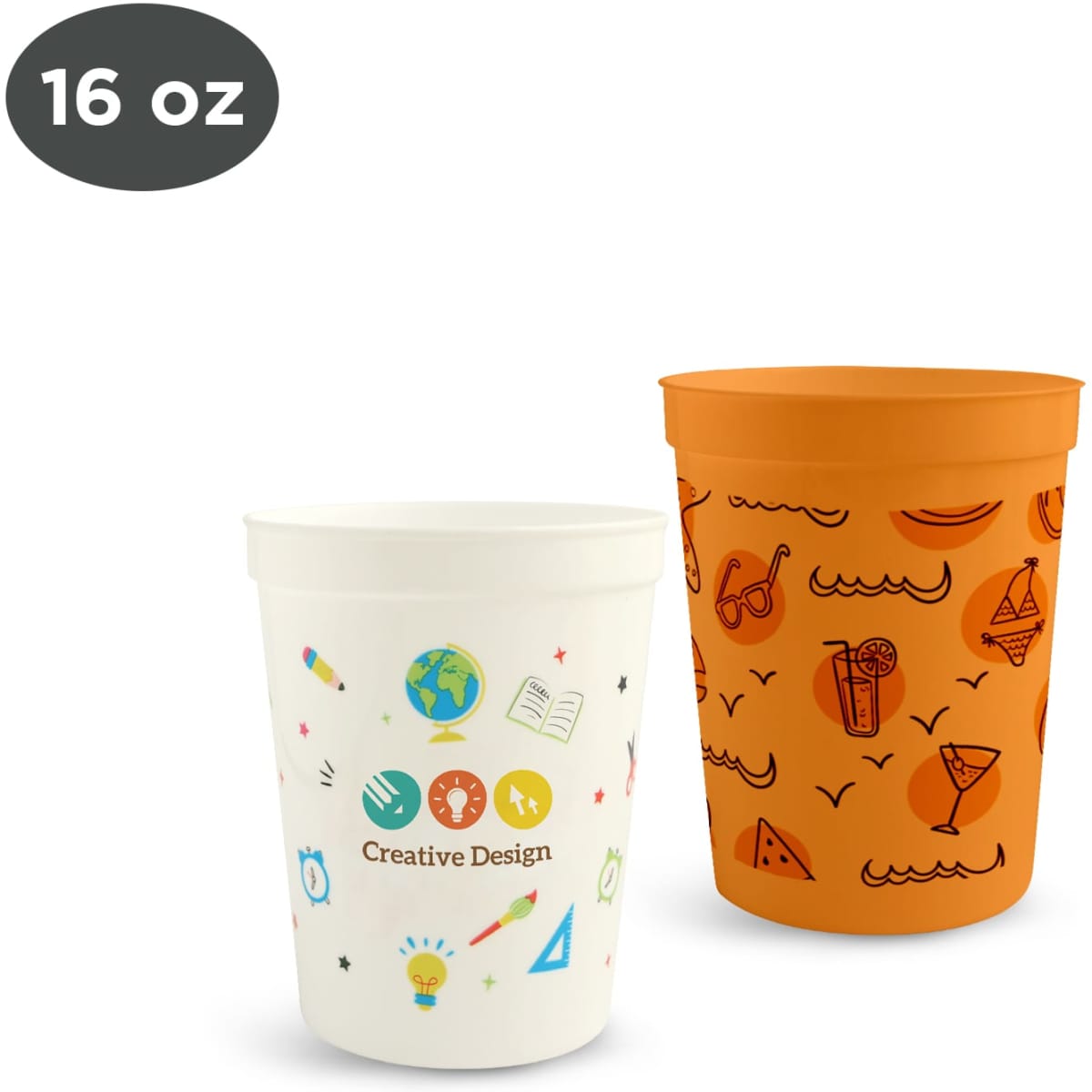 A 473ml plastic stadium cup in orange with patterned graphics and a white cup featuring a creative design and illustrations.