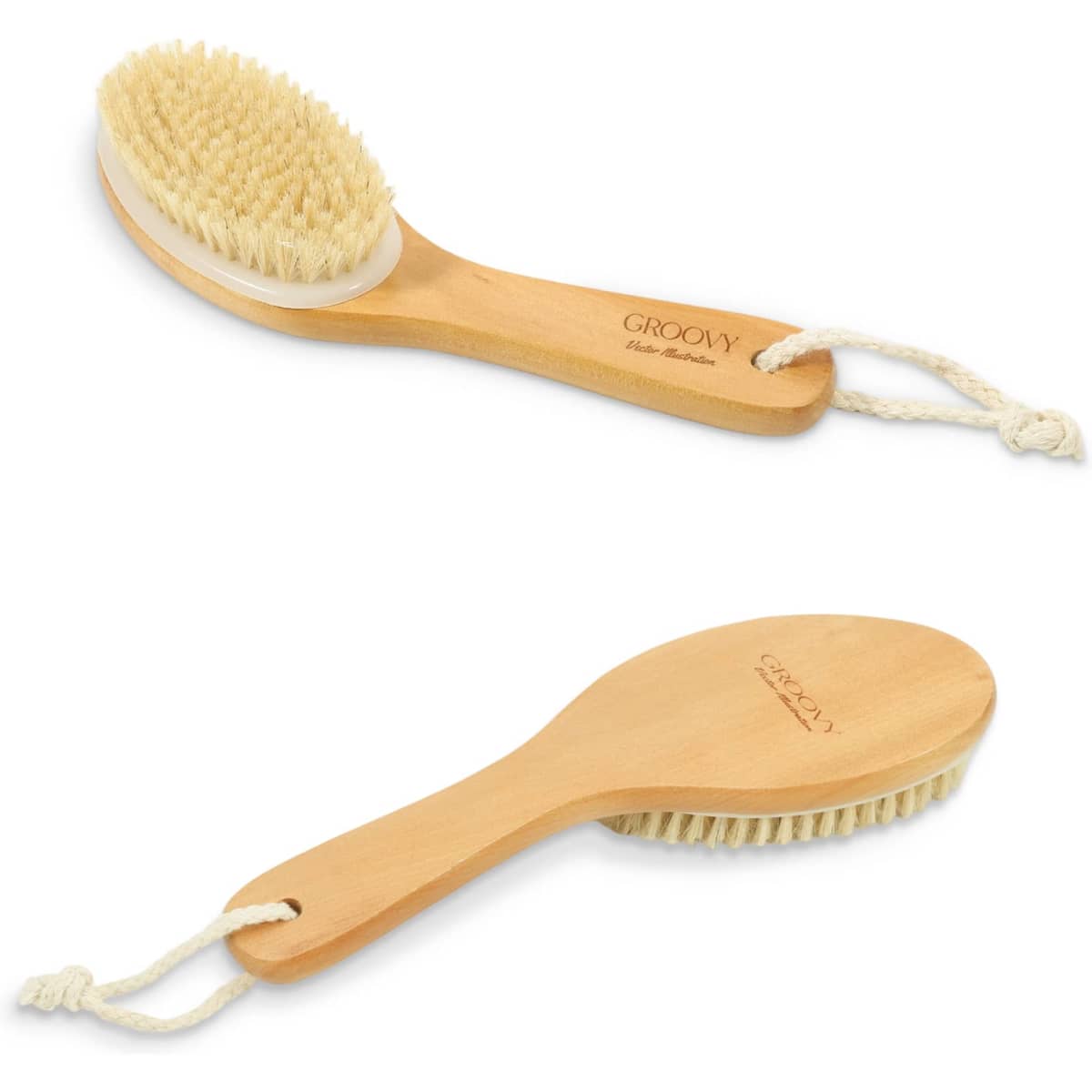 A wooden dry brushing body brush with natural bristles and a rope for hanging, featuring a light brown finish.