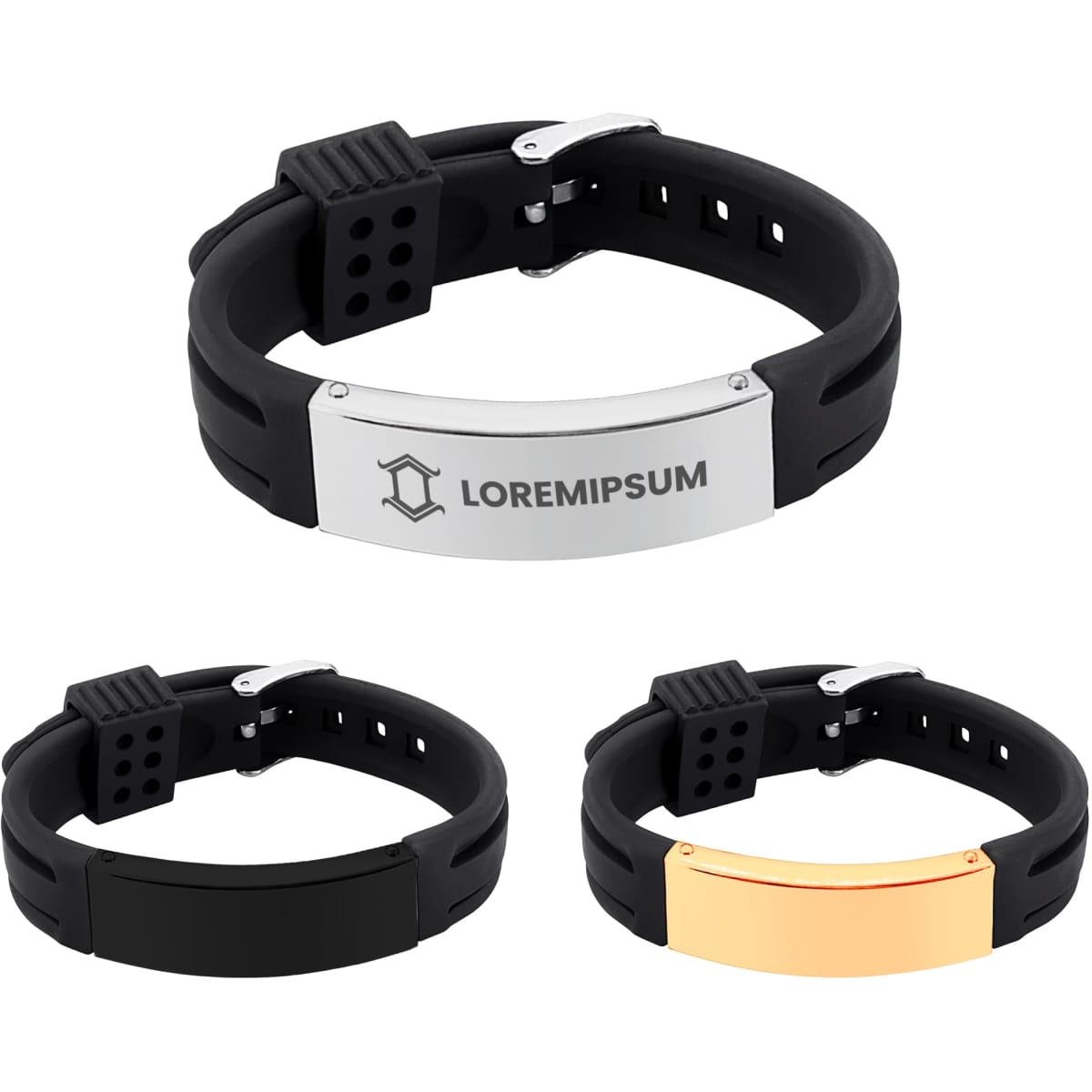 A metal strap bracelet in black, silver, and rose gold, featuring a logo on the silver version.
