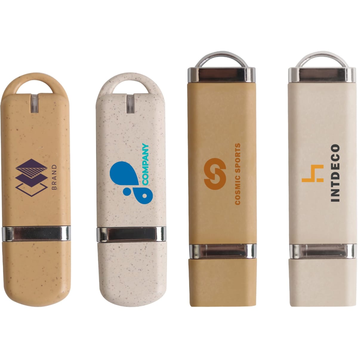 Eco Constellation Flash Drives in various shades of beige and cream, featuring logos on each.