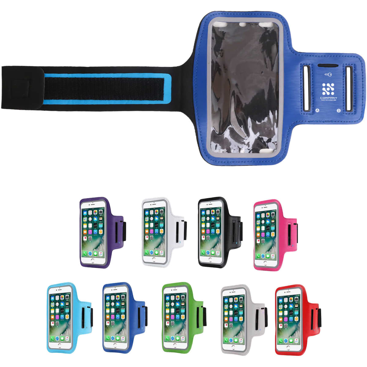 A blue cell phone arm band with a clear window, available in multiple colours including pink, black, and purple.