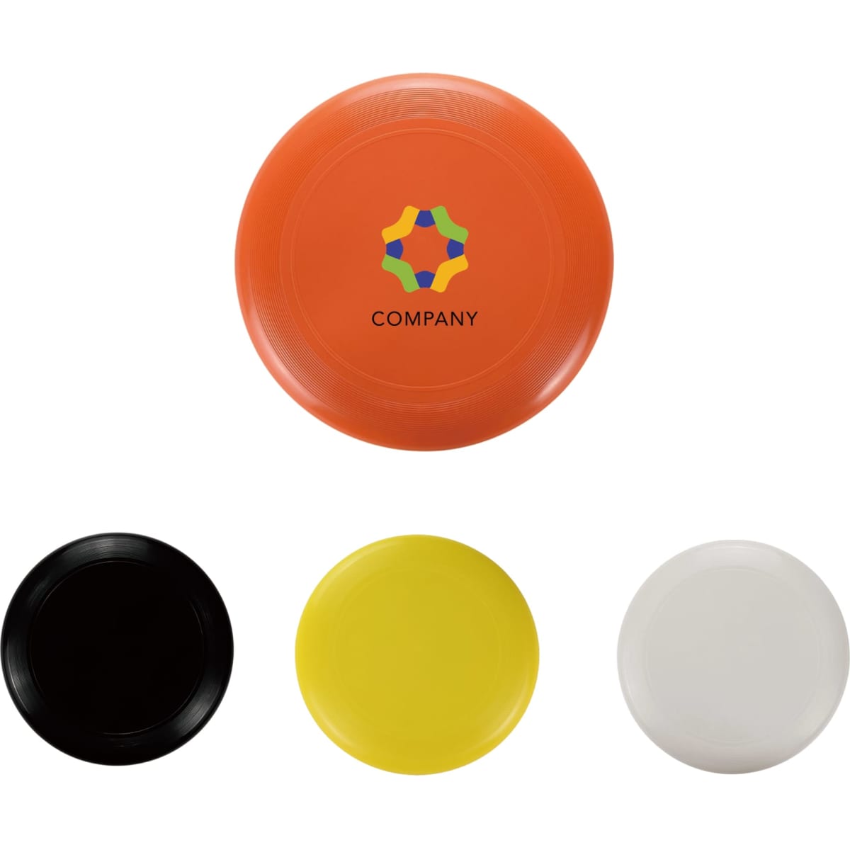 An orange Frisbee with a logo, accompanied by black, yellow, and white Frisbees.