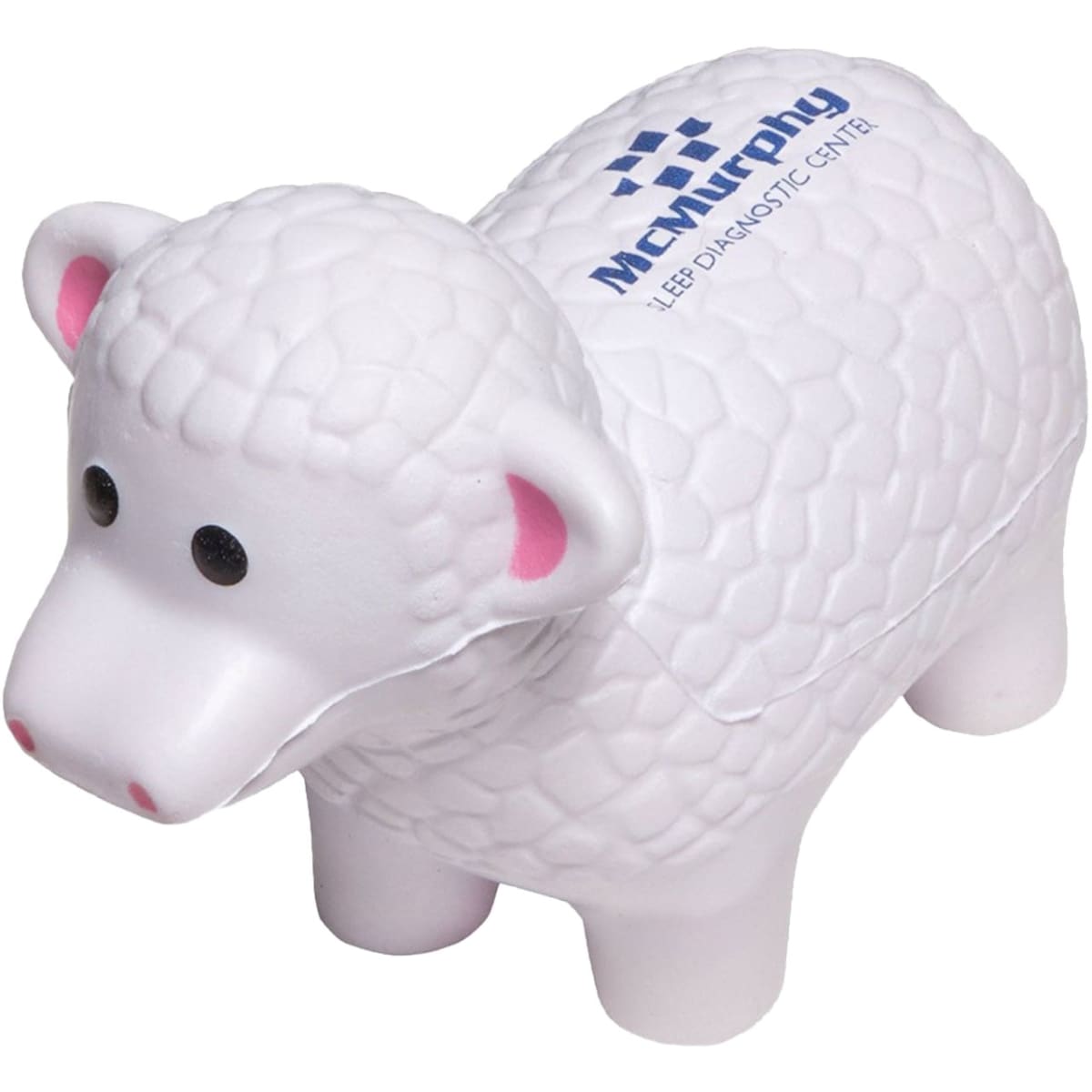 A white sheep-shaped stress reliever with a textured surface and a logo on its side.