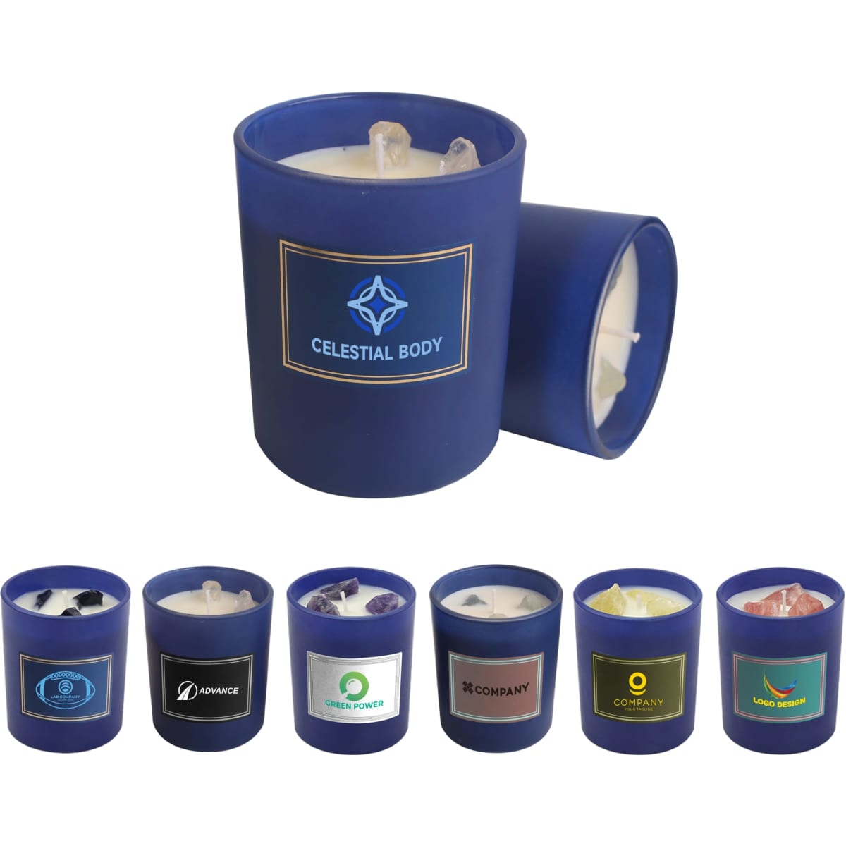 A 6.6oz blue glass candle with a white wax interior and gemstones on top, alongside various other candles in different colours.