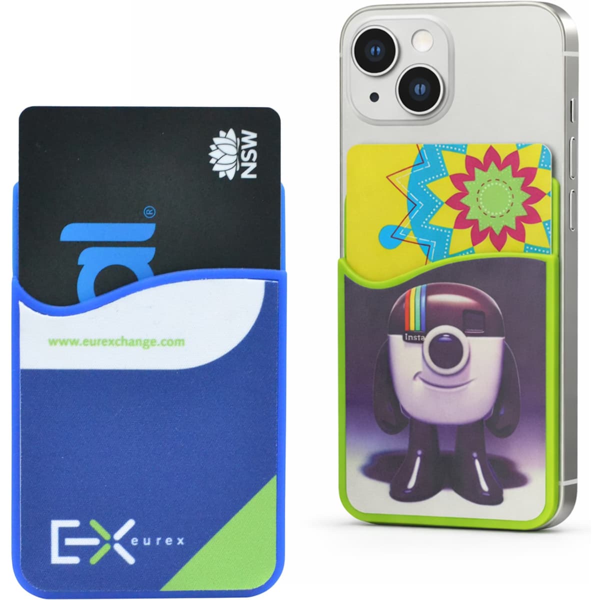 A blue phone wallet with card slots, featuring a colourful illustration of a camera character, attached to a smartphone.