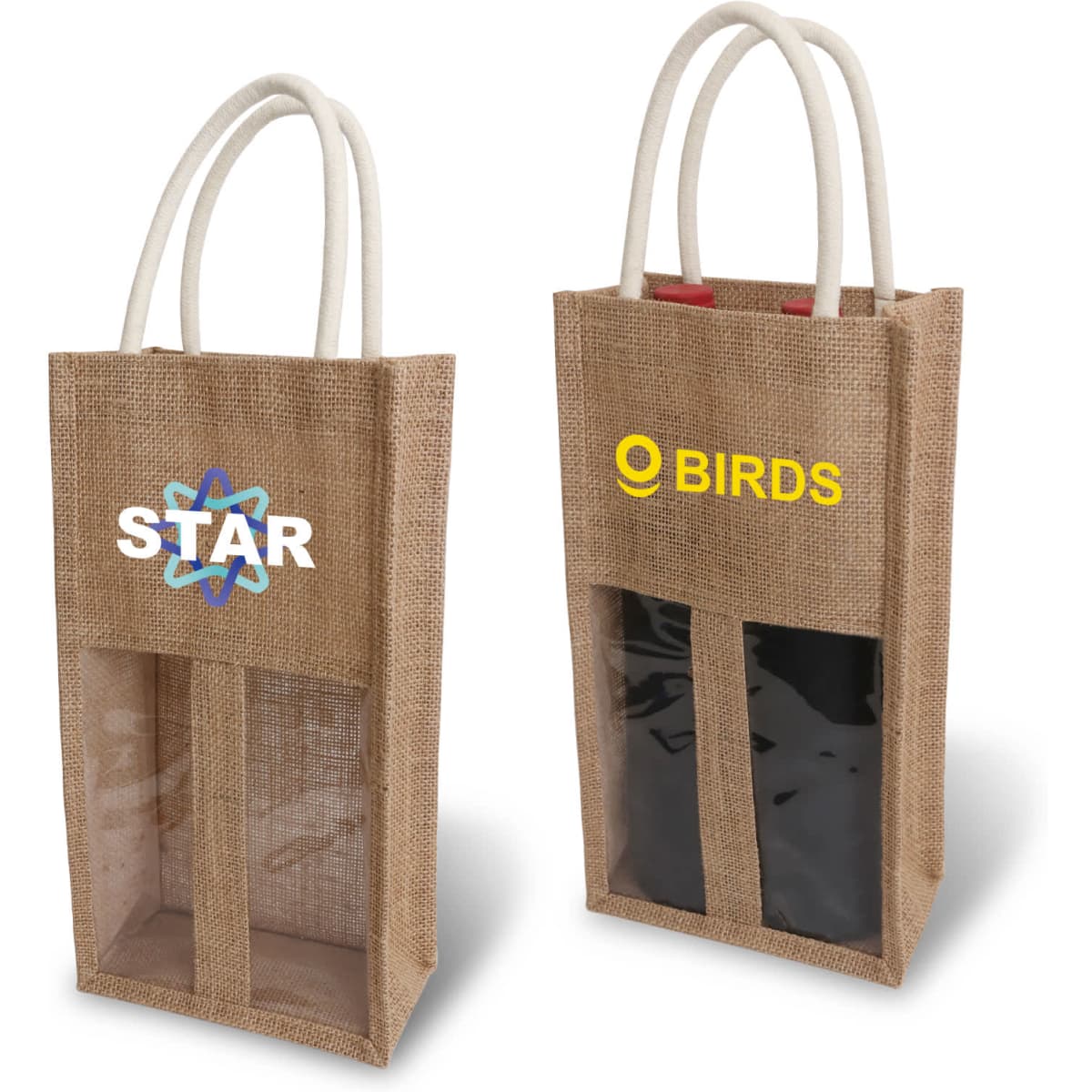 A jute double wine carrier with a window, featuring natural brown fabric and light-coloured handles, with logos.