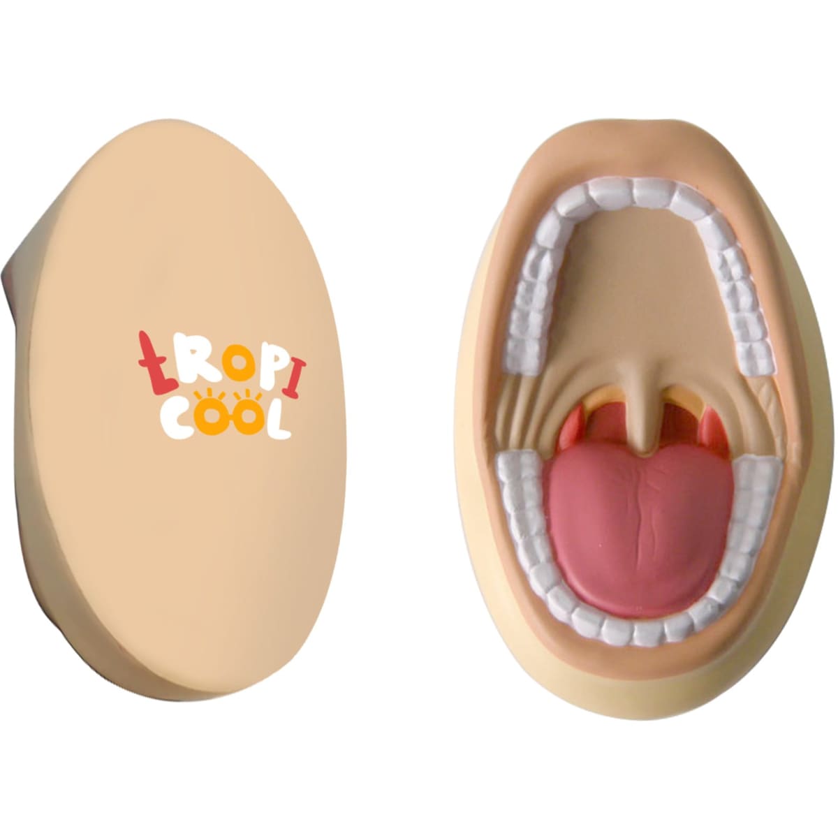 A mouth-shaped stress reliever in flesh tones with detailing on teeth and tongue, featuring a logo.